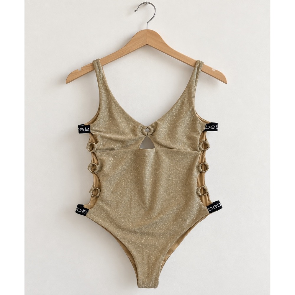 Bebe Gold Metallic Shimmer One Piece Swimsuit O-Ring Logo Straps Cutout